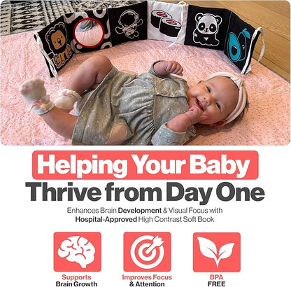 Happy Start High Contrast Baby Soft Book - Sensory Cloth Book for Newborns and Infants 0-12 Months with Mirror, Crinkle & Squeaker | Baby Tummy Time Toy, Crib, Stroller & Travel Developmental Toy