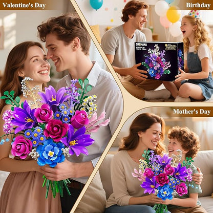 Flowers Bouquet Building Set with LED Light, 21 Flower Botanical Collection Building Block Toy, Rose Lily Plants Home Office Decor 1054PCS, for Her Adults Women Kids Girls 12+ (Purple)