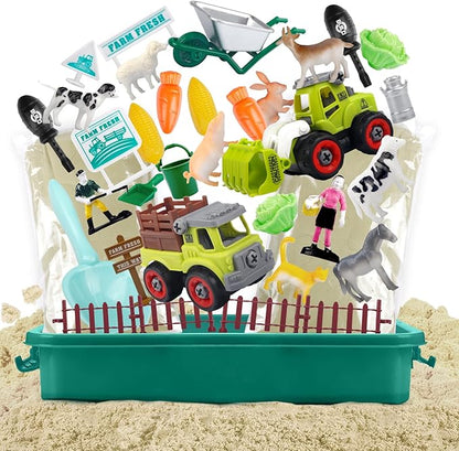 Farm Sensory Bin, Farm Sensory Kits Toy with 2.2lbs Play Sand, 31pcs Animals Trucks Creativity Magic Sand Box with Lid, Christmas Birthday Gift for Boys Kids Toddlers Ages 3 4 5 6 7 8