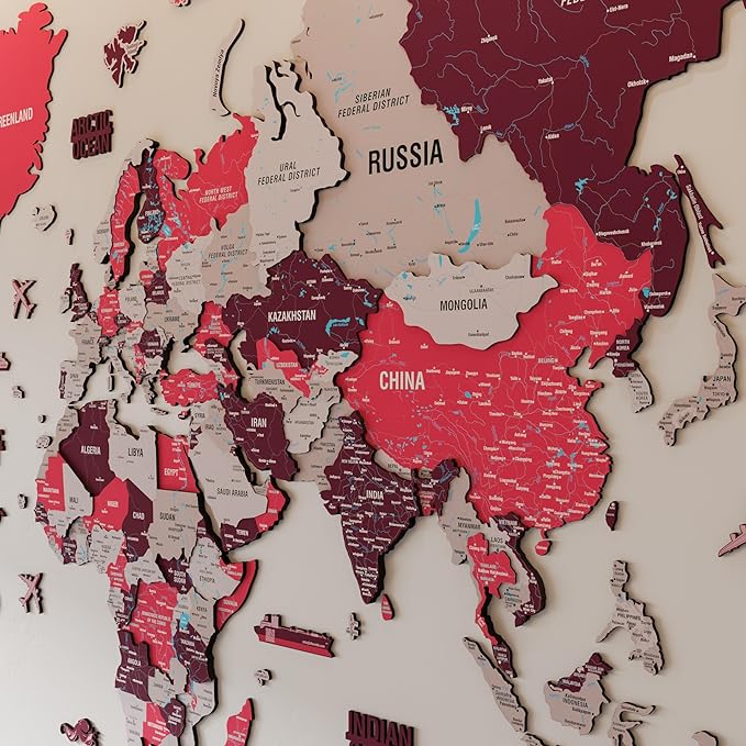 Colorfull Worlds 3D Wooden World Map Wall Art - Premium Multicolored World Travel Map for Wall Decor with Push Pins- Ideal Housewarming Gift & Travel Tracker (XLarge, Crimson)