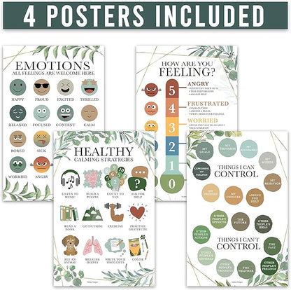 Hadley Designs Feelings Chart For Kids Ages 4-8 - Emotions Chart For Toddlers 3-5, Counseling Feelings Posters For Classroom Calming Corner, Social Emotional Learning Posters, Greenery Classroom Decor