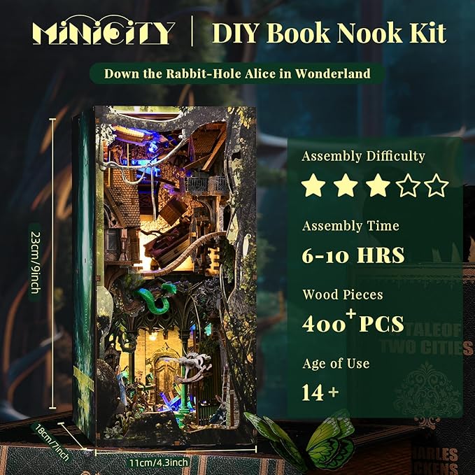 Book Nook Kit, Booknook Kit with Dust Cover for Adult DIY Miniature House Kit 3D Wooden Puzzle Decorative Bookend Bookshelf Gift for Women Teens (Alice Down The Rabbit Hole)