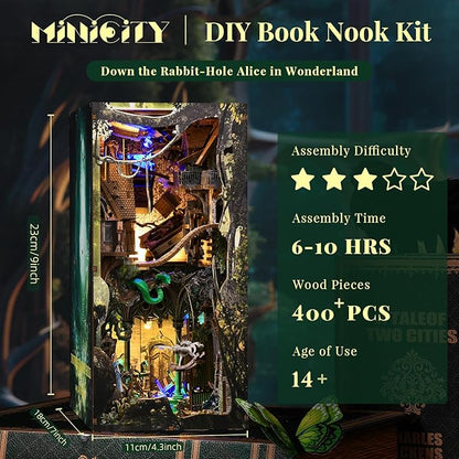 DIY Book Nook Kit for Adults, 3D Wooden Puzzle Bookend Bookshelf Insert Decor with LED Light and Dust Cover (Down The Rabbit-Hole Alice in Wonderland)