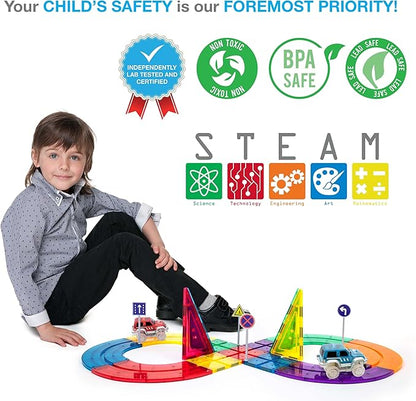 PicassoTiles 50pc Racecar Track Magnetic Tiles Educational Kids Toy with 2 Light Up Trucks STEM Preschool Learning Magnet Tile Toddler Toys Boys Girls Ages 3+ Blocks Game Puzzles Build Playset PTR50