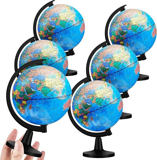 Henoyso 6 Pcs World Globe for Kids 4.6'' Educational Mini Desk Decorative Earth Globes with Black Stand Learning Rotating World Map for Adults Classroom Geography Table Decor