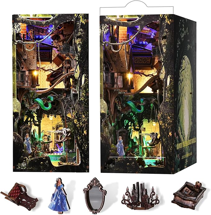 Book Nook Kit, Booknook Kit with Dust Cover for Adult DIY Miniature House Kit 3D Wooden Puzzle Decorative Bookend Bookshelf Gift for Women Teens (Alice Down The Rabbit Hole)