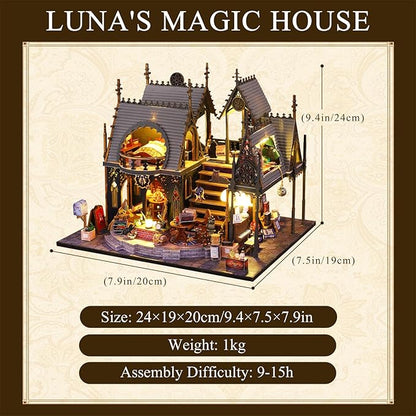 DIY Miniature House Kit, Tiny for Adults to Build, 3D Wooden Puzzles Dollhouse Bookshelf Insert Decor Alley-Creativity Kit with LED Light for Family and Friends (Luna's Magic House)