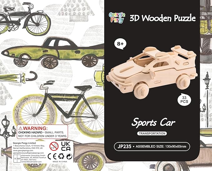 Georgie Porgy 3D Wooden Puzzles for Kids Toys Construction Woodcraft Kits DIY Model Puzzle Kits Birthday Gifts Pack of 6 (Airplane Bus Sports Car Pirate Ship Truck Motorcycle)