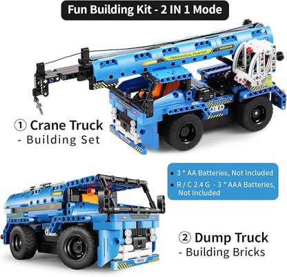 Remote Control Building Toys, 2-in-1 Technic Vehicle Building Kits for Boys Age 8-12, Construction Erector Set Crane Truck Build Model for Boys Girls