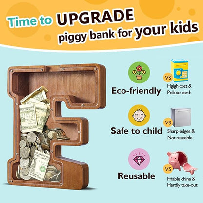 Summidate Customized Name Extra Large Wooden Piggy Bank for Kids Boys Girls Alphabets Letter A-Z Coins Bills Money Change Saving Box Clear Cover (Laser Engraved) Educational Toys 12"- Letter F