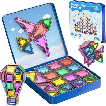 60-Piece Mini Magnetic Tiles Set with Iron Box - Ideal Travel Puzzle Toys for Toddlers Aged 3-5, Montessori STEM Building Blocks, Educational Birthday Gift
