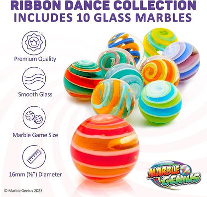 Marble Genius Collectors Marbles, Ribbons, 16mm (⅝ Inch), 10 Handmade Glass Marbles, Gifts for Marble Lovers, Gifts for Kids Ages 3+