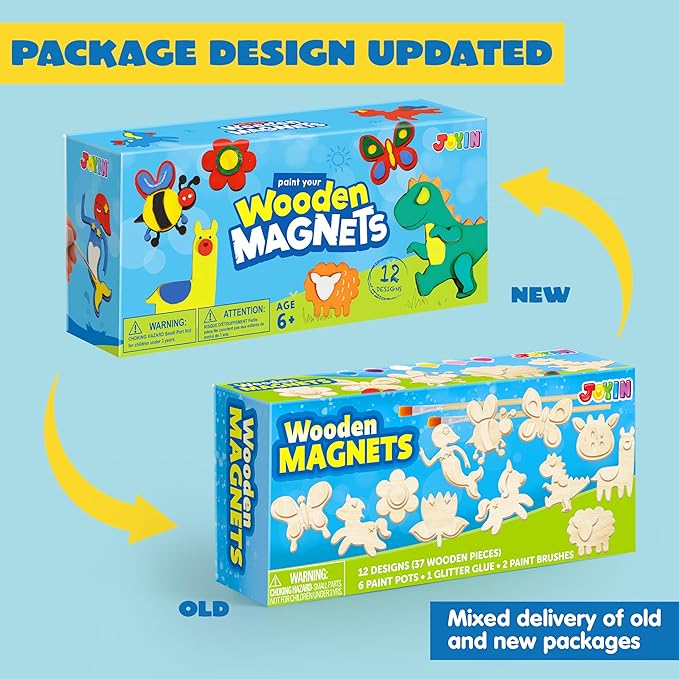 JOYIN 12 Wooden Magnet Creativity Arts & Crafts Painting Kit for Kids, Decorate Your Own Painting Gift for Easter Basket Stuffers, Birthday Parties and Family Crafts, Party Favors for Boys Girls