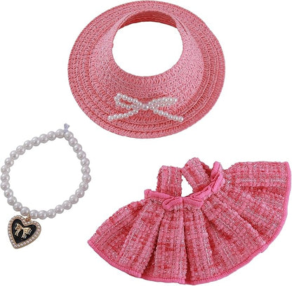 17cm Doll Clothes Set 3-Piece Pink Outfit Set with Pink Dress Necklace Hat Accessories for 17cm Plush Dolls, Clothes Only, No Doll Included