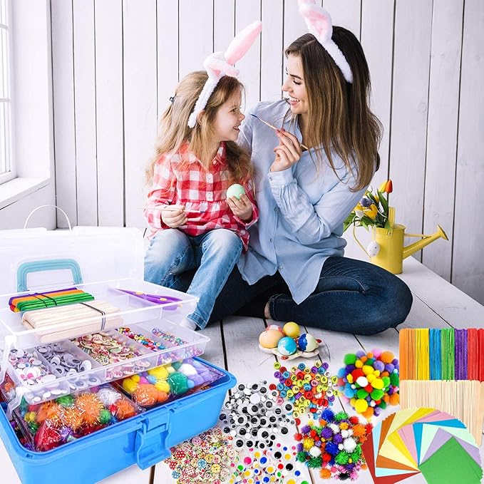 1405 Pcs Art and Craft Supplies for Kids, Toddler DIY Craft Art Supply Set Included Pipe Cleaners, Pom Poms, Feather, Folding Storage Box - All in One for Craft DIY Art Supplies (Blue)