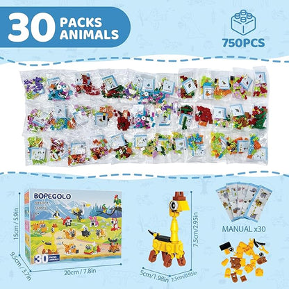 30 Pack Party Favors Building Set for Kids, 750 Pcs Mini Animal 3-in-1 Building Block Kit Sets, Goodie Bags Stuffers for Kids Classroom Prizes Birthday, Best Gifts for Boys Girls Ages 6+
