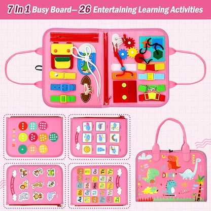 Qizfun Busy Board Montessori Toy for Toddlers, Educational Sensory Learning Toy for Fine Motor Skills, Preschool Travel Toy for Airplane & Car, Gifts for Boys and Girls (Pink/P4)