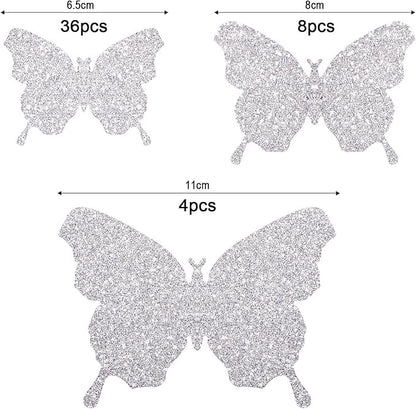 BBTO 48 Pieces Butterfly Wall Decor DIY Mirror 3D Butterfly Stickers Removable Decals for Home Bedroom School Bathroom Living Room Decor(Glitter Silver)