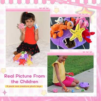 Muiteiur Plush Soft Ocean Animals Set with Plush Sea Shell House Includes Stuffed Turtle, Lobster, Crab, Dolphin, Devil Fish, Octopus, Starfish, Clownfish (Multicolor,8 Piece)
