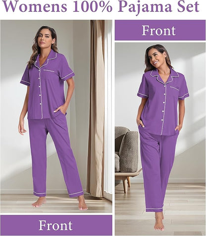 CF Womens 100% Cotton Pajamas Set Button Down Pjs Sets Short Sleeve Top & Long Pants Sleepwear Comfy Loungewear with Pockets