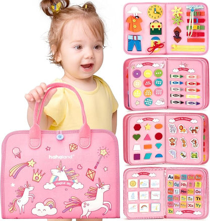 hahaland Toddler Busy Board Montessori Toys, 3 Year Old Girl Gifts Preschool Educational Learning Toys with Life Skills, Alphabet, Number, Shape, Color, Toddler Girl Stocking Stuffers Travel Busy Book