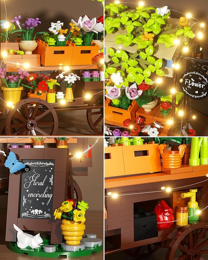 Flower Cart Building Set with LED Strips, Car Shop with Flower Bonsai and Plants Building Kits, Flower Tools and Signs Home Desk Decor Ideas Gifts for Kids 6+