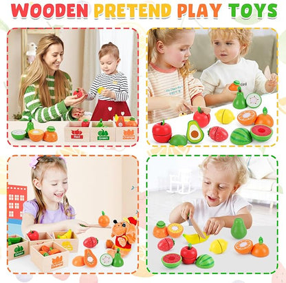 ATOYUS Wooden Play Food Set Toys for Toddlers 1-3, Kids Toy Play Kitchen Accessories, Cutting Fruits Pretend Food with Storage Boxes, Christmas Birthday Gifts for 1 2 3 Year Old Baby Boys Girls