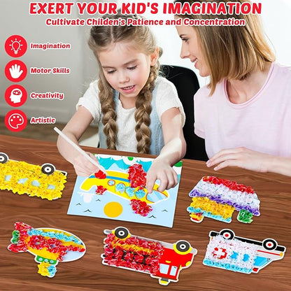 8PCS Poke-in Craft and Art Kit for Kid Transportation Vehicle Theme No-Mess Fabric Sewing Art Girl Boy 4-12 Puzzle Puncture Painting Truck Car Toy Gift Creative Activity Game Birthday Party