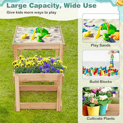 Costzon 2 PCS Wood Kids Sensory Table with Protective Cover, Built-in Liner, Space-Saving Nesting Design for Yard, Garden, Beach, Outdoor Play, Sand and Water Table for Children