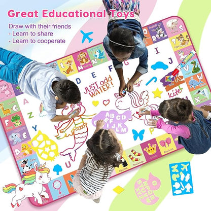 Toddlers Toys Water Doodle Mat: 48 X 32 Inch Large Mess Free Coloring & Drawing Mat - Instant Drying - Kids Educational Toys for Girls Age 3-5 Home Activities - Birthday/Christmas Gifts for Girls Boys
