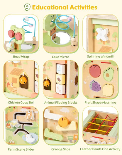 ROBUD Wooden Activity Cube, Baby Activity Cube for 1 Year Old, Montessori Activity Cube with 9 Gams in 1 Toy, Educational Toys of Bear Orchard Busy Cube, JM52