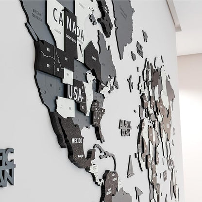Colorfull Worlds 3D Wooden World Map Wall Art | Unique Wall Decor with Pins for Travel Enthusiasts | Home and Office Wall Décor | Grey | XXLarge