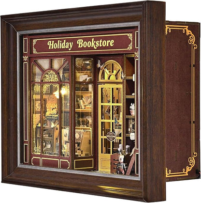 Book Nook Kit-3D Wooden Puzzle with LED Switch Control & Wall-Mountable Frame,DIY Miniature House for Beginners,Bookshelf/Tabletop/Wall Decor for Craft Lovers,Dollhouse Gift,Holiday Bookstore