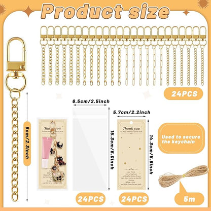 Wurosi 24 Set Lip Gloss Keychain Making Kit, Gold Keychain Clips Hooks with Extender Chain, Cellophane Bags, Thank You Cards, 5M Hemp Rope, for DIY Key Chain Making Crafts