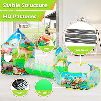 3PC Dinosaur Tent for Girls with Kids Ball Pit, Kids Play Tents and Crawl Tunnel for Toddlers, Pink Pop Up Playhouse Toys for Baby Indoor& Outdoor Tent Games, Birthday Kid’s Gifts