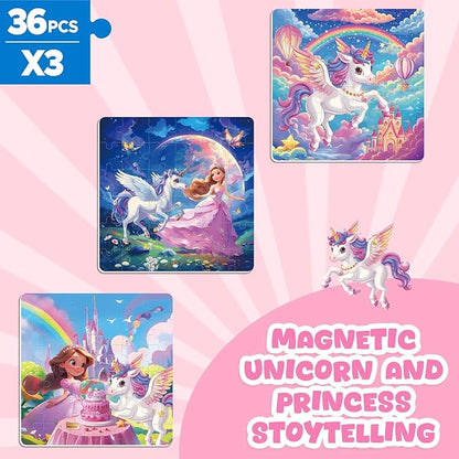 Magnetic Jigsaw Puzzles for Toddlers Kids 3-8 Girls,(3 36-Pieces) Travel Puzzles Toys for Kids Ages 4-6,Take-Along Car Airplane Road Trip Activities Game for 3 4 5 6 7 8 Year Old Birthday Gift