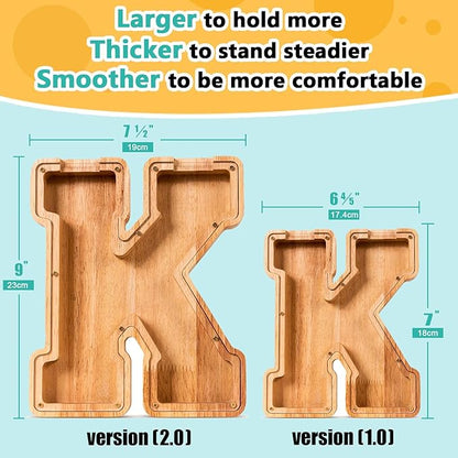 SummiDate Wooden Letter Piggy Bank for Kids| Piggy Bank for Boys Girls Toddler| Alphabet K Money Bank| Wood Coin Bank Personalized Birthday Gift for Kids (K)