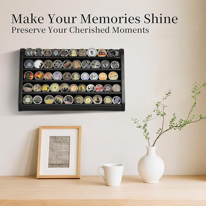 5 Rows Challenge Coin Holder Display Stand Holds 50 Coins for Wall Mount or Tabletop, Solid Wood Military Coin Rack Display Case for Army Collectibles, Black