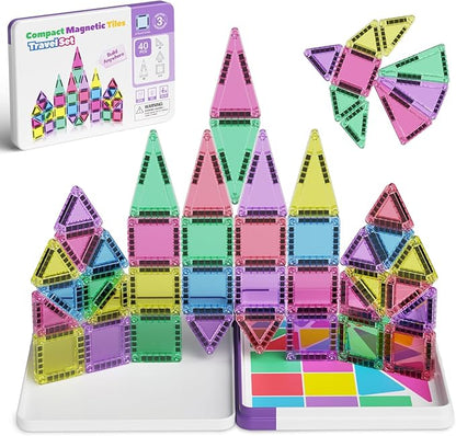 Mini Magnetic Tiles Building Blocks 40PCS - Montessori Educational Magnet Travel Construction Set with Iron Storage Box, Airplane Activities Toys, Toddler Birthday Gift for Boys & Girls Ages 3-8