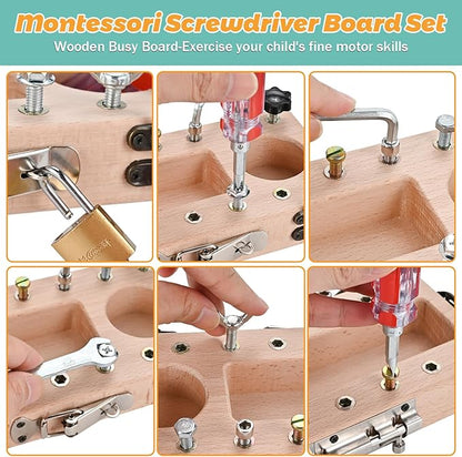 Wooderma Montessori Toys for 3 4 5 Year Old with Lock and Key, Wooden Sensory Toddler Screwd Tool Set, Montessori Screwdriver Board Set, Fine Motor Skills Toys for Educational Preschool Gift for Boys