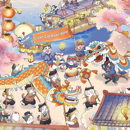 MOMIBOOK Puzzles for Adults 1000 Pieces Jigsaw Puzzles of Civet Cat River View, Painting Image Chinese Cat Puzzle Challenging Hard Impossible Puzzle Unique Funny Party Christmas Birthday Gifts