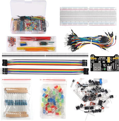 480pcs 37 Values Electronics Component Fun Kit with Power Supply Module, Jumper Wire, 830 tie-Points Breadboard, Precision Potentiometer, Resistor