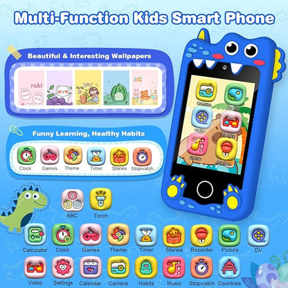 Kids Smart Phone Christmas Birthday Gifts for Boys Age 3-10 Dinosaur Toys Smart Phone 2.8" Touchscreen Built-in 32G SD Card Dual Camera 28 Learning Games MP3 Music Player