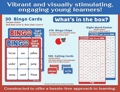 Sight Words Bingo Game for Kindergarten, Learn to Read Sight Word Cards, Word Games for Kids Ages 4-8, Bingo Sight Words Level 3&4