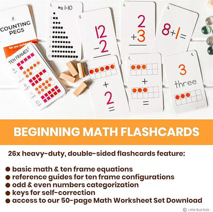 LITTLE BUD KIDS Counting Pegs - A Ten Frame Math Game with Addition and Subtraction Flash Cards, A Wooden Montessori Math Toy & Math Manipulatives Number Peg Boards for Kids 3 4 5 6 7