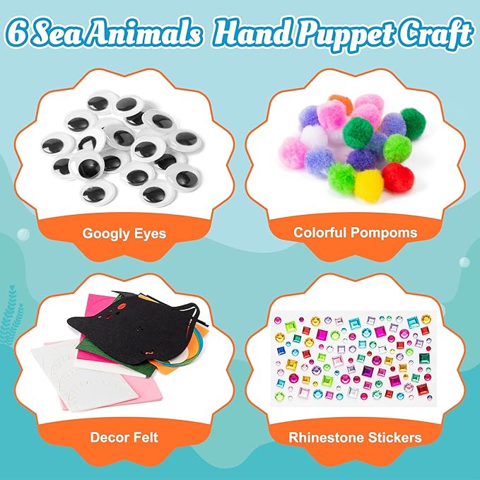 WATINC 6Pcs Hand Puppet Making Kit, Art Craft Felt Sock Puppet Toys, Creative DIY Make Your Own Pompoms Wiggle Googly Eyes Storytelling Role Play Party Supplies Gift for Girls Boys (Ocean Animals)