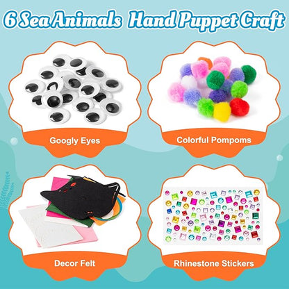 WATINC 6Pcs Hand Puppet Making Kit, Art Craft Felt Sock Puppet Toys, Creative DIY Make Your Own Pompoms Wiggle Googly Eyes Storytelling Role Play Party Supplies Gift for Girls Boys (Ocean Animals)