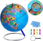 9" World Globe for kids Learning, Classroom Desk, Geographic Globe with iron Stand & colorful Magnetic Push Pins & magnifier & handkerchief, 360° Horizontal Rotation Educational World Globe, Blue
