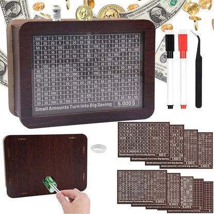 Cash Vault Wooden Savings Box 10000 5000 15000 3000 2000 1000 500 Cash Box with 2 Blank Savings Tracker, Official Save Box（Creativity 2.0）