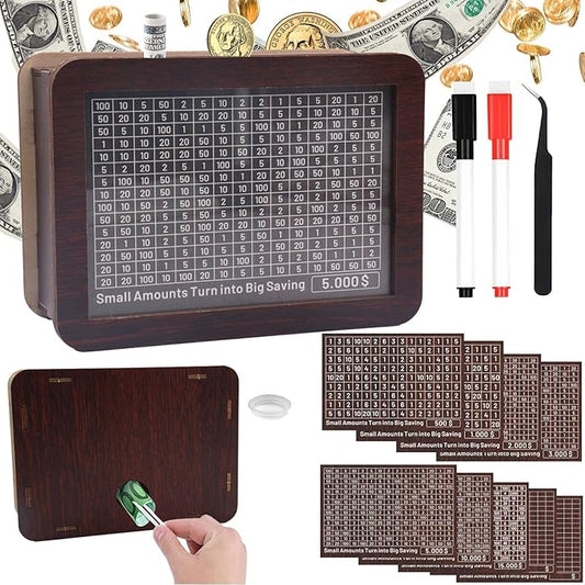 Cash Vault Wooden Savings Box 10000 5000 15000 3000 2000 1000 500 Cash Box with 2 Blank Savings Tracker, Official Save Box（Creativity 2.0）